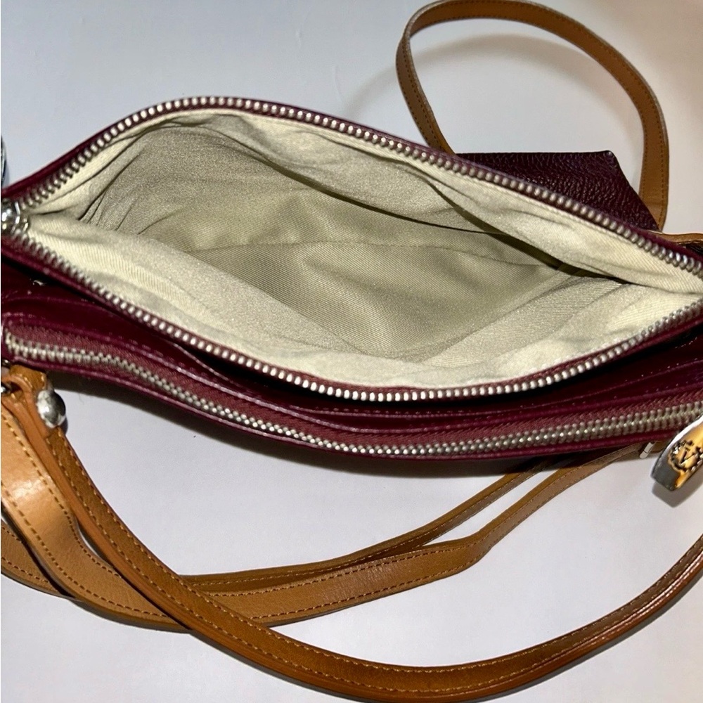 Valentina Women's Burgundy Leather Crossbody Bag with Tan Strap - Picture 9 of 10